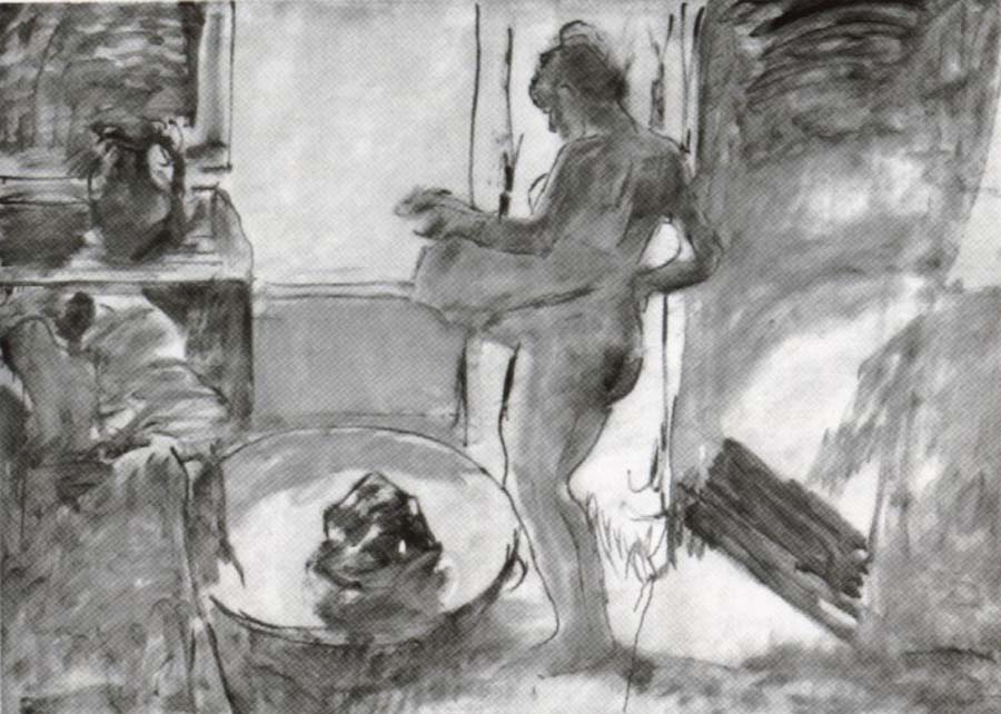 Nude woman drying herself